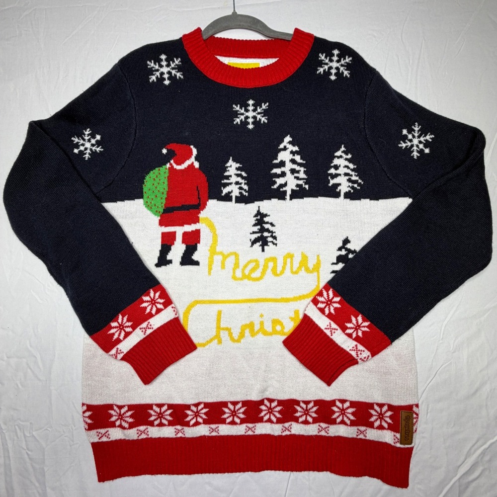 Tipsy Elves Ugly Christmas Sweater Santa Trees Merry Christmas Navy Red Size L